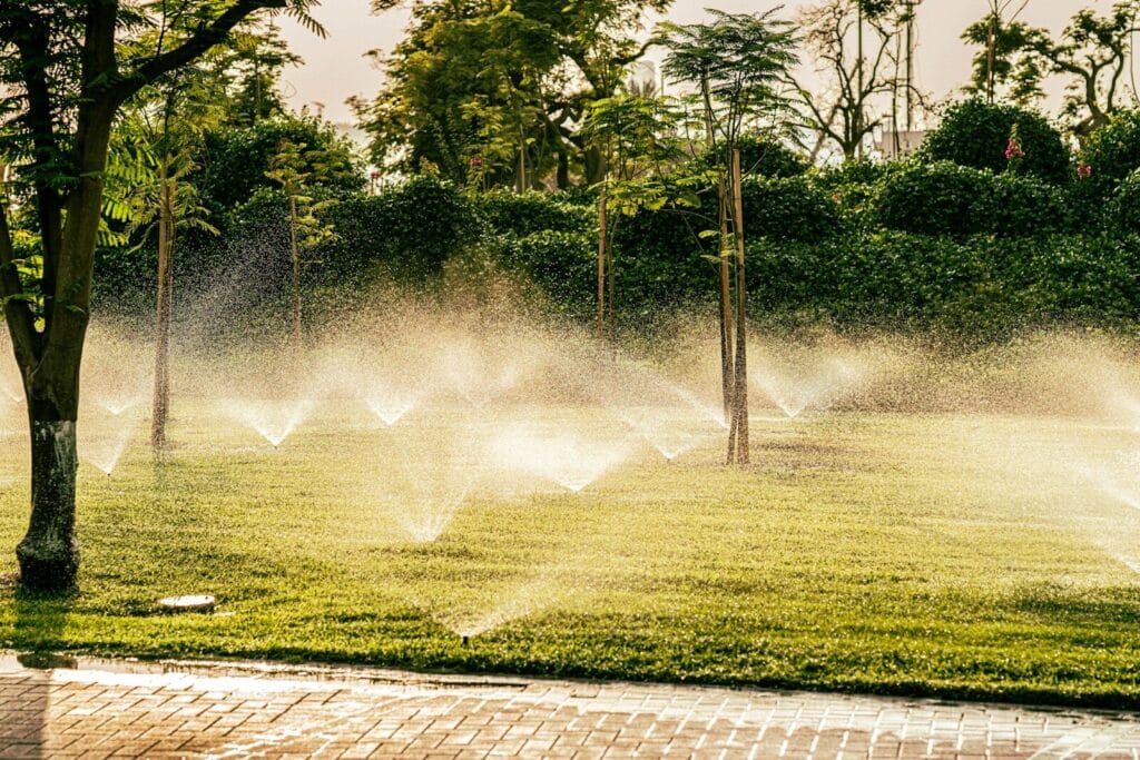 a group of sprinklers are spraying water in a park